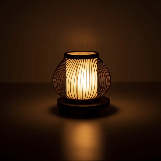 Softly lit cozy room with warm lamp light and a cup of tea on a wooden table in the evening